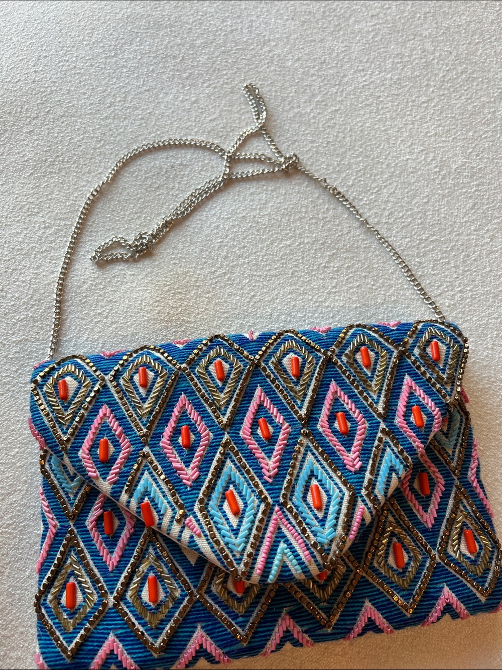 Blue Embroidered Diamond-Pattern Clutch - Picture 4 of 7